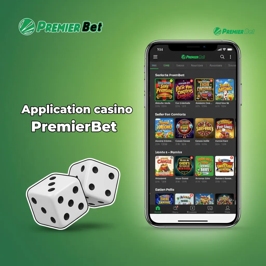 Écran d’accueil de l’appli PremierBet : casino intégré, accès en un tap aux paris, tables, slots et live avec croupiers.
