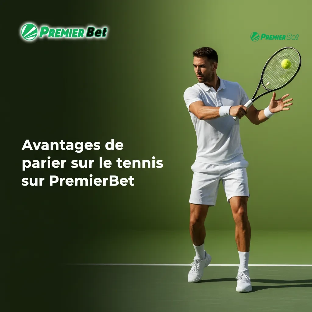 Visuel PremierBet: atouts pari tennis—marchés complets, bonnes cotes, live/Cash Out, paiements FCFA, filtres, support FR