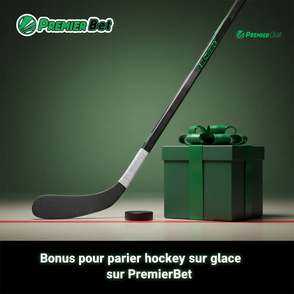 Bannière PremierBet annonçant un bonus de bienvenue pour parier sur le hockey sur glace, avec rappel des conditions.
