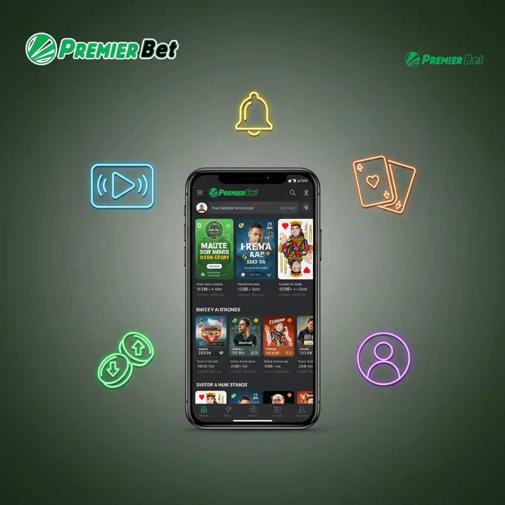 Écran de l’app PremierBet: paris en direct, casino, dépôts mobile money, retraits rapides, outils de profil.