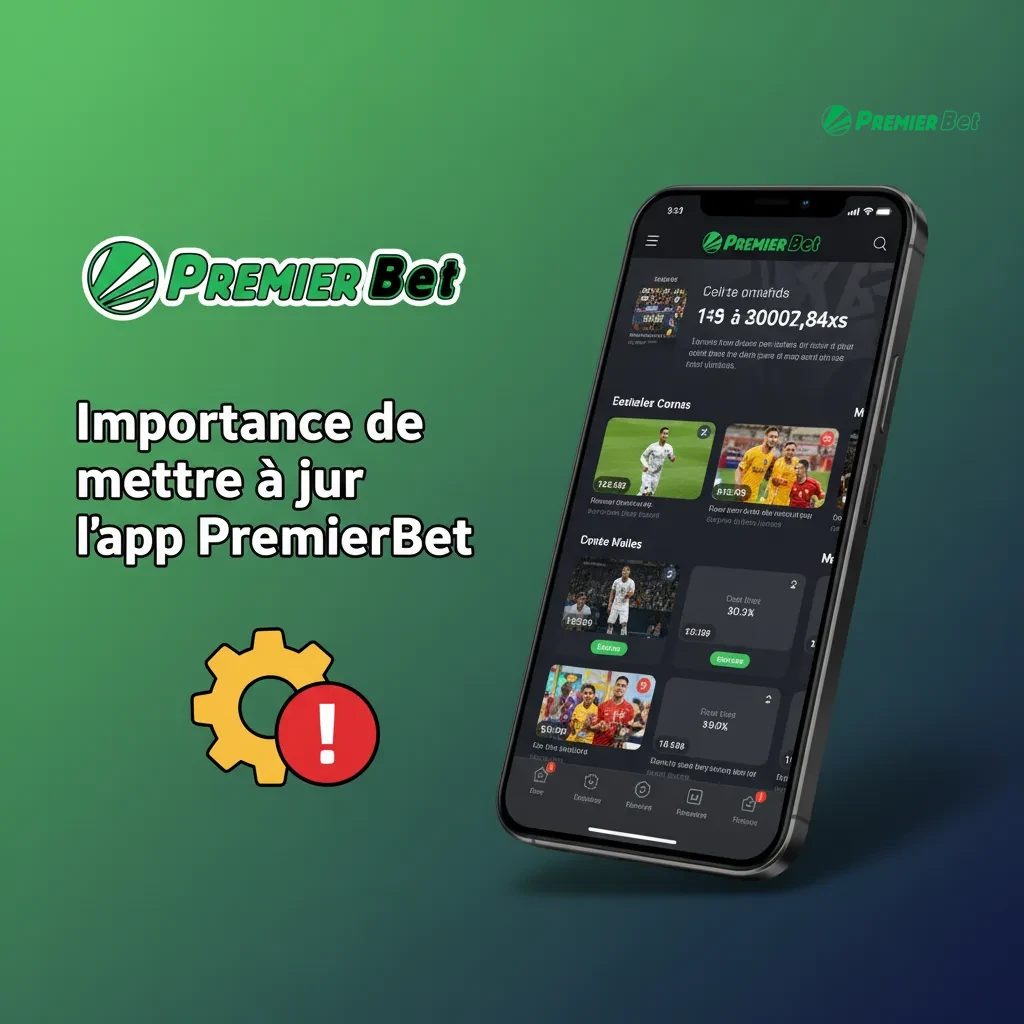 Smartphone affichant mise à jour de l’app PremierBet, avec icônes sécurité, rapidité, paiements et cotes en temps réel.
