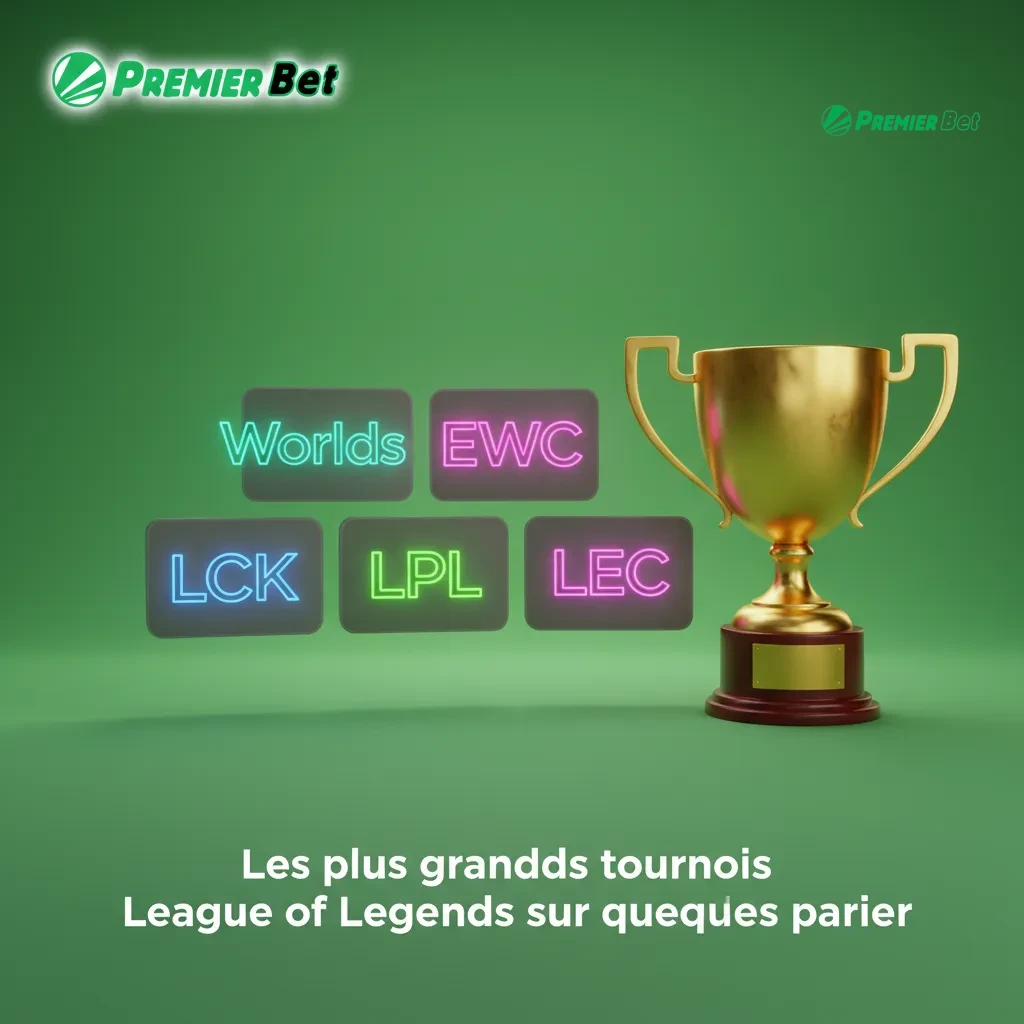 Montage des grands tournois LoL: Worlds, MSI, EWC, LCK, LPL, LEC, avec logos et équipes T1, Gen.G, G2, JDG, BLG