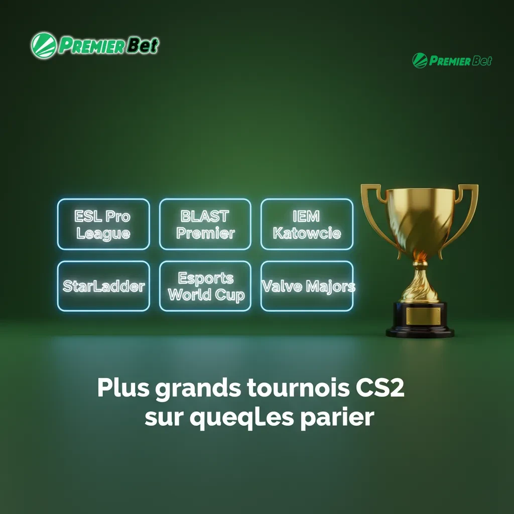 Logos des principaux tournois CS2 à parier: Majors, ESL Pro League, BLAST, IEM Katowice, Cologne, EWC.