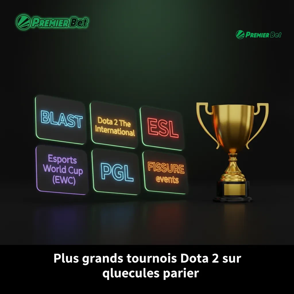 Visuel Dota 2 des grands tournois pour parier: TI, BLAST, ESL, EWC, PGL, FISSURE; action toute l’année au Mali.