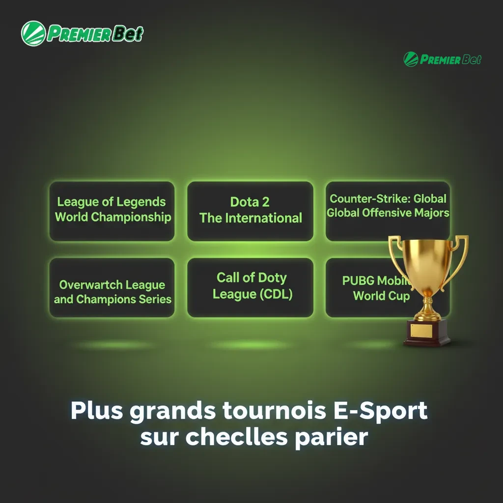 Tableau des plus grands tournois e-sport sur lesquels parier par jeu: Dota 2, CS2, LoL, Valorant, SC2, R6, Mobile Legends.
