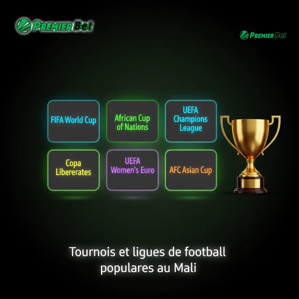 Affiche des tournois de foot populaires au Mali: CAN, CAF, Ligue 1 malienne, C1 UEFA, Coupe du Monde et marchés de paris.