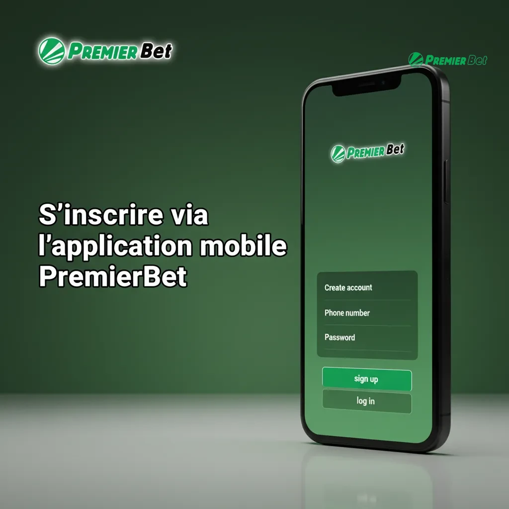 Écran de l’app PremierBet: inscription mobile avec options téléphone, email, réseaux sociaux, validation SMS/email.