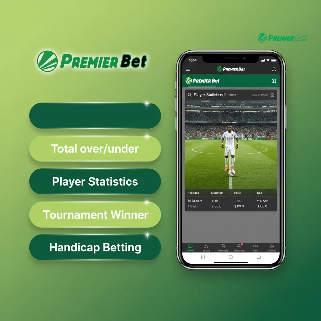 Écran PremierBet listant les types de paris: simple, combiné, système, double chance, plus/moins, handicap, en direct.