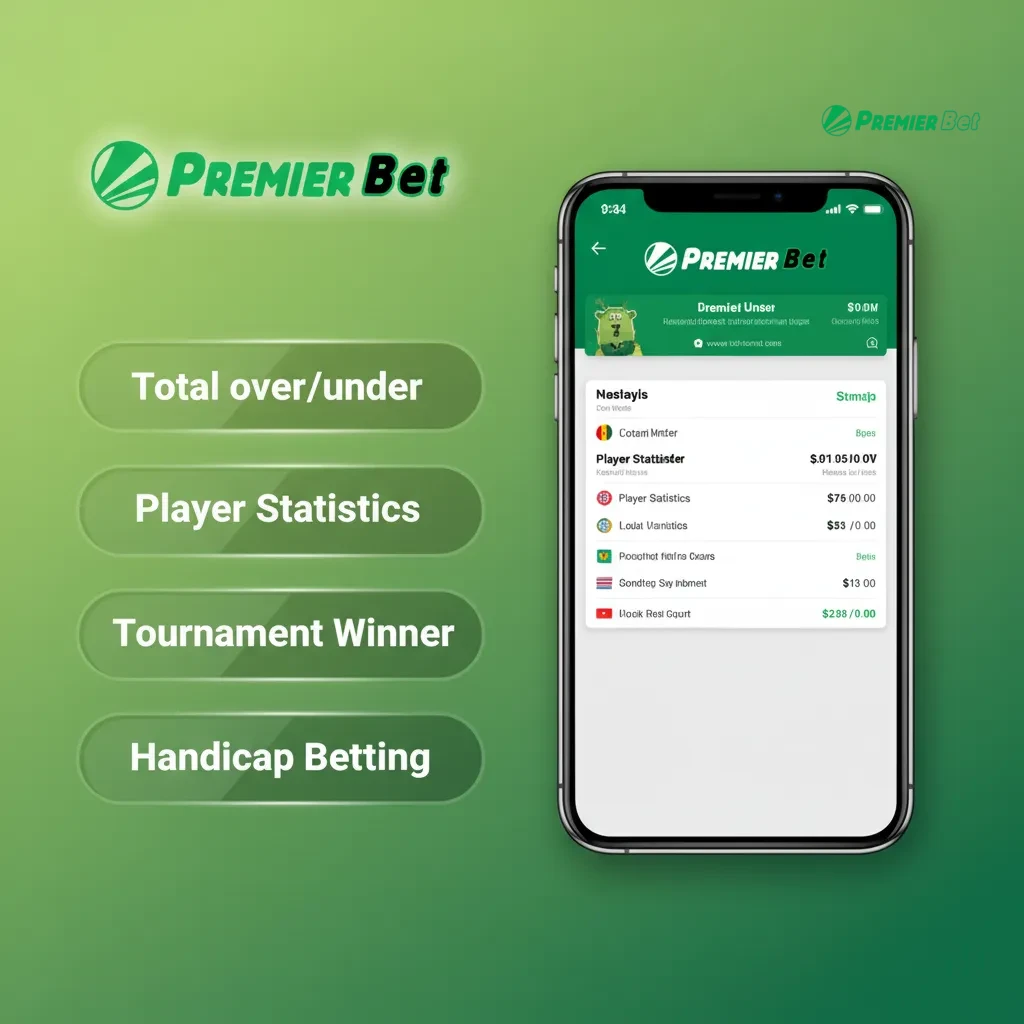 Écran de l’app PremierBet listant les types de paris: simple, combiné, système, handicap, plus/moins, en direct.